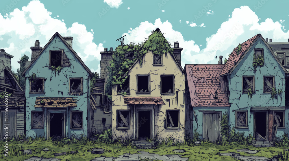 Broken abandoned house buildings with windows and door closed with wooden boards, destroyed cracked dirty walls with moss, damaged roof. Cartoon vector set of city ruin homes and dilapidated shack. Broken abandoned house buildings with windows and door closed with wooden boards, destroyed cracked dirty walls with moss, damaged roof. Cartoon vector set of city ruin homes and dilapidated shack.
