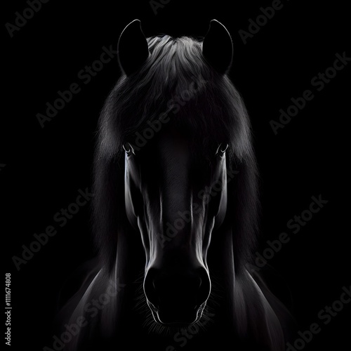 A black horse pony head looking directly at the front illuminated with dramatic lighting dark.