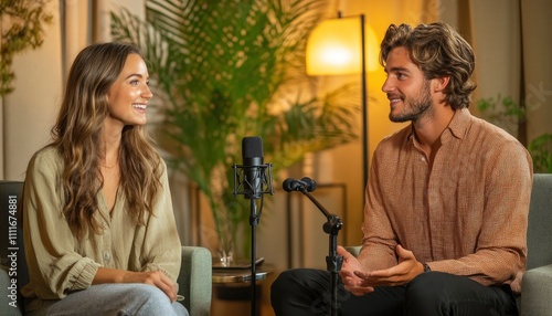 A conversation between two people in a cozy setting with plants and a microphone.
