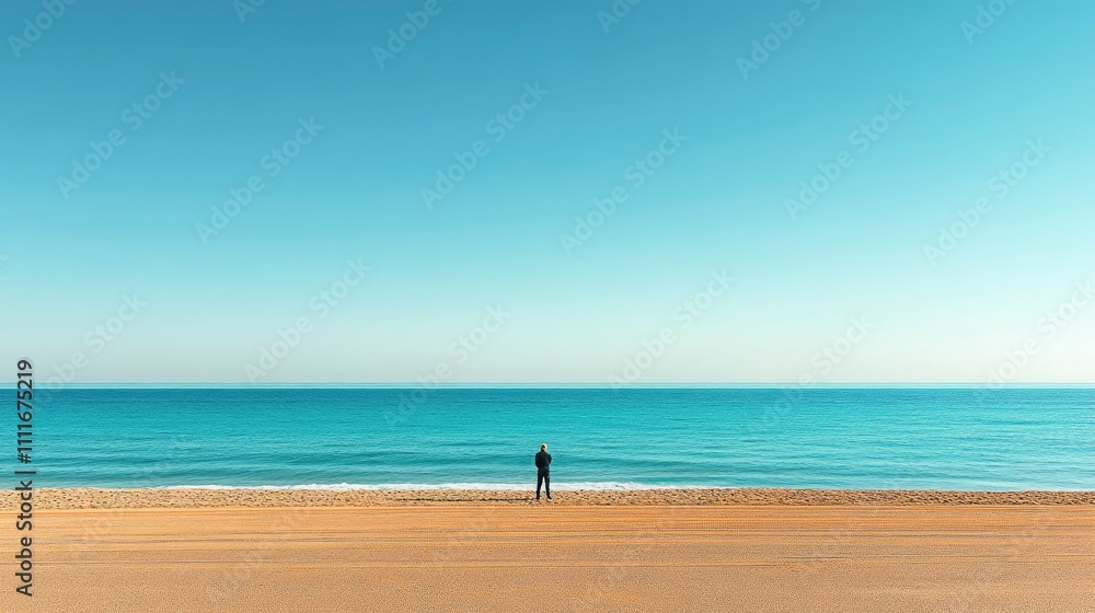 A solitary figure stands on a beach, gazing at the calm sea under a clear sky. A solitary figure stands on a beach, gazing at the calm sea under a clear sky.