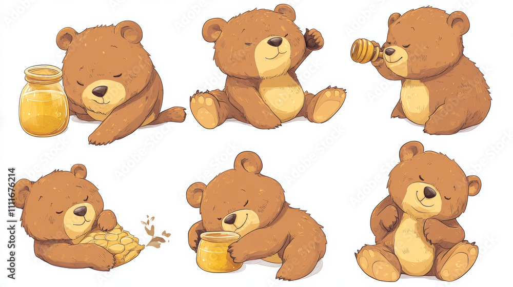 Cute bear characters set isolated on white background. Vector cartoon illustration of grizzly mascot, funny brown animal sitting with honey jar, standing and smiling, lying asleep, comic toy pet Cute bear characters set isolated on white background. Vector cartoon illustration of grizzly mascot, funny brown animal sitting with honey jar, standing and smiling, lying asleep, comic toy pet
