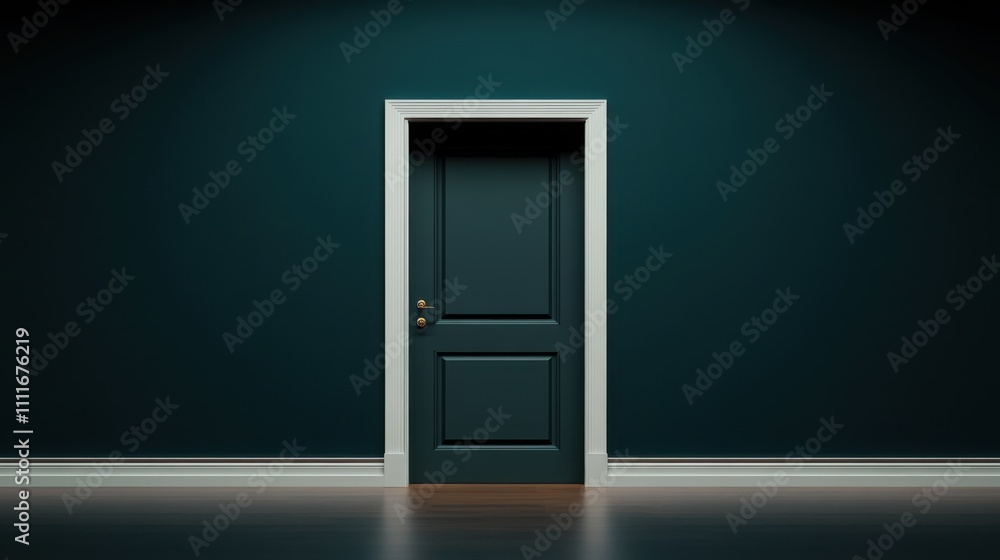 Elegant closed wooden door in minimalist dark room setting with dramatic lighting Elegant closed wooden door in minimalist dark room setting with dramatic lighting