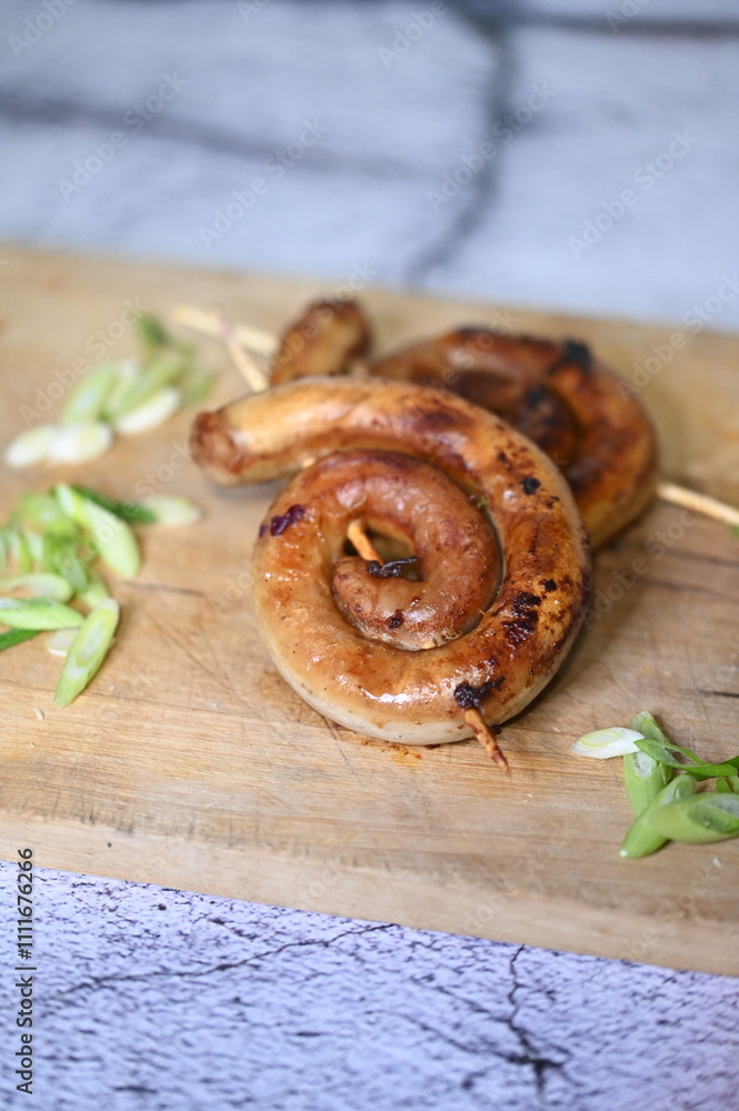 Fototapeta premium Grilled wine sausages, selective focus, czech food