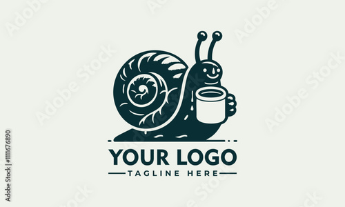 Vector logo snail enjoys warm beverage in tiny cup snail sips from a miniature cup, add charm to naturethemed designs with a touch of whimsy, perfect for coffee lovers