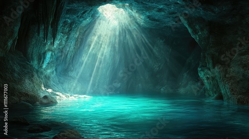 A tranquil cave with turquoise water, illuminated by sunlight streaming through cracks, creating a calm and picturesque setting