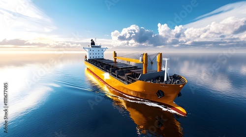 Cargo freighter journey, bright sky, calm sea, soft clouds overhead
