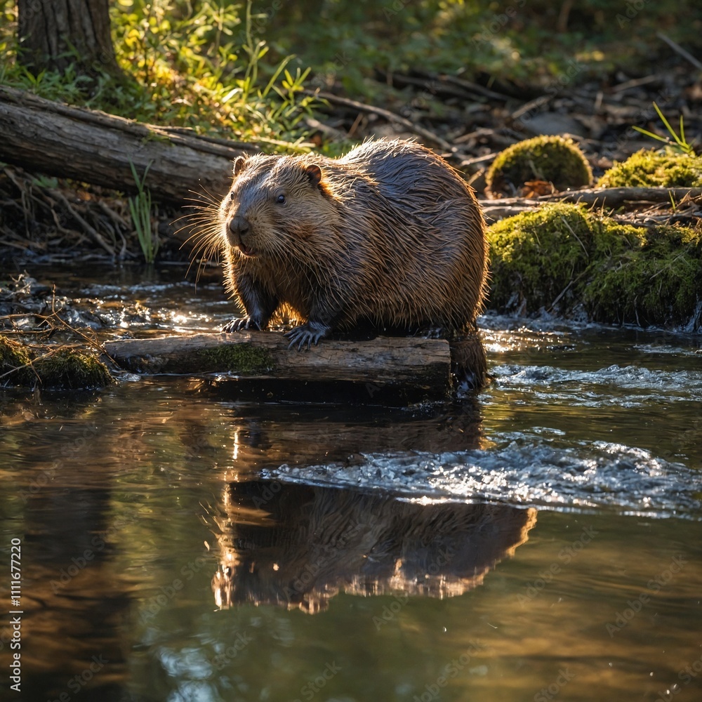 A beaver building a dam in a sparkling forest creek, surrounded by trees and bright sunlight. A beaver building a dam in a sparkling forest creek, surrounded by trees and bright sunlight.