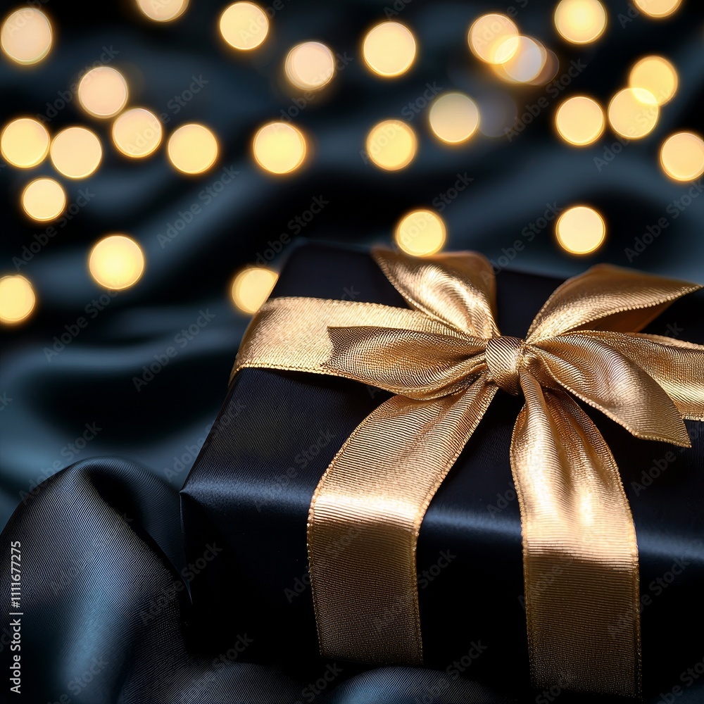 Luxury gifts in exclusive packaging. Elegant black gift box with golden ribbon on a dark background with bokeh lights. Luxury gifts in exclusive packaging. Elegant black gift box with golden ribbon on a dark background with bokeh lights.