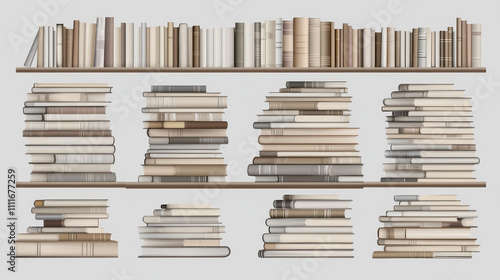 Bookshelves png set isolated on transparent background. Stacks of blank books lying and standing on shelf. Fiction, science, educational literature mockup. Home library realistic vector illustration photo