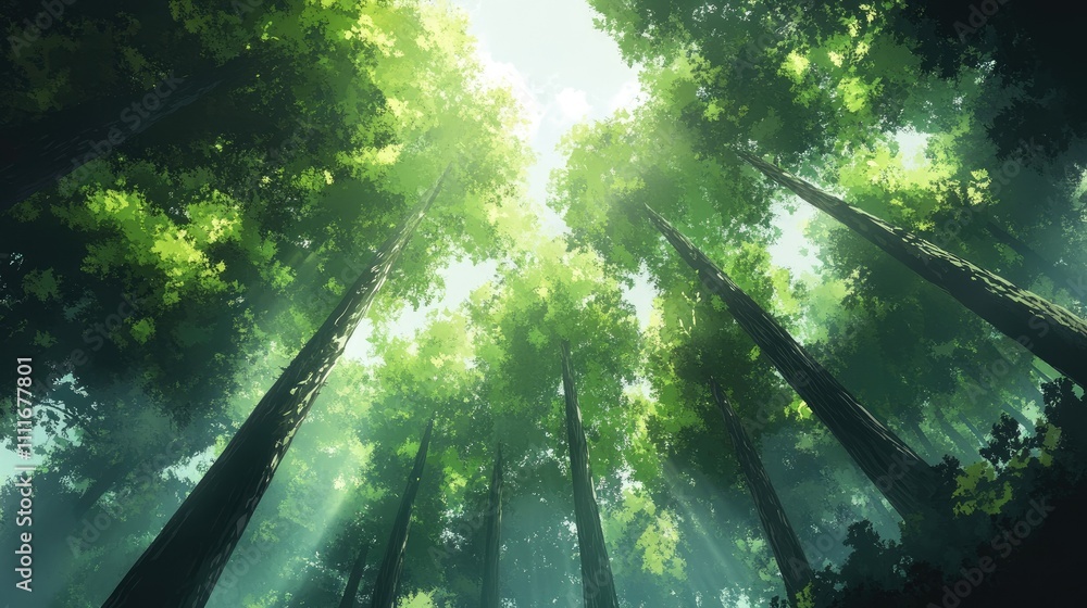 Obraz premium A view of tall, majestic trees reaching up to a bright green canopy, creating a calming, natural atmosphere of growth and serenity