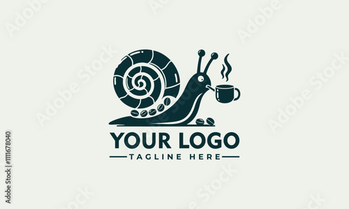 Vector logo snail enjoys warm beverage in tiny cup snail sips from a miniature cup, add charm to naturethemed designs with a touch of whimsy, perfect for coffee lovers