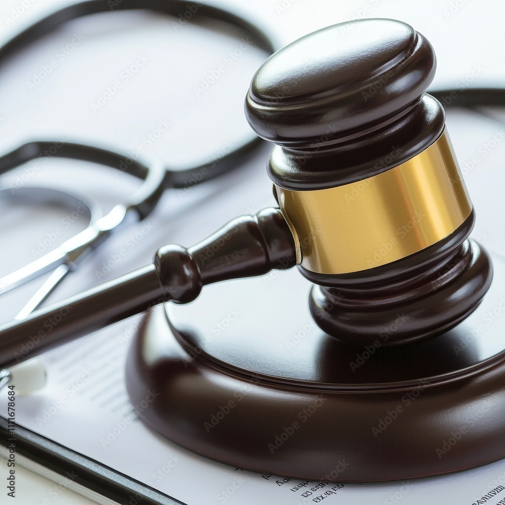 Stethoscope with gavel. Gavel on legal documents with a stethoscope nearby. Stethoscope with gavel. Gavel on legal documents with a stethoscope nearby.
