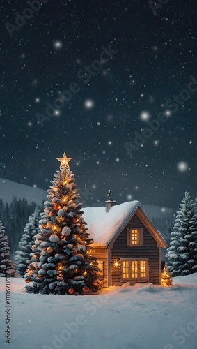 Christmas greeting card with copyspace on a festive snow background with Christmas tree, cozy house In the snow outside  photo