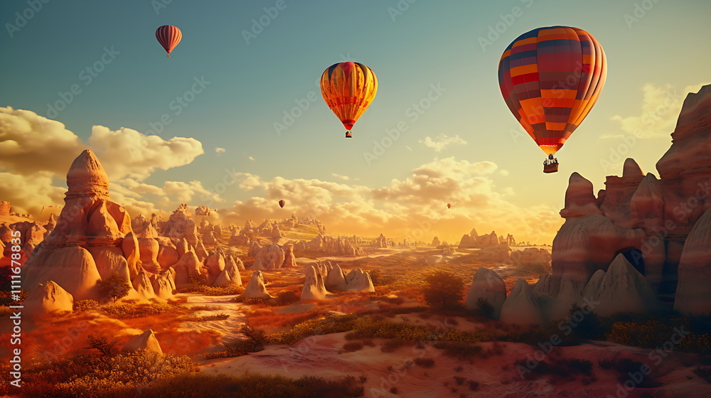 Fototapeta premium a colorful air balloon is over a desert, generative ai