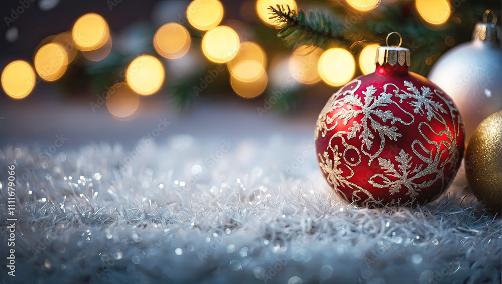 Christmas greeting card with copyspace on a festive snow background with Christmas tree, Christmas balls, candles, cones, tinsel and glitter. Christmas greeting card with copyspace on a festive snow background with Christmas tree, Christmas balls, candles, cones, tinsel and glitter.