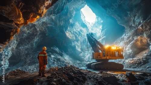 A miner observes heavy machinery in a vast cave, illuminated by natural light. photo