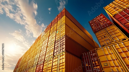 Close-up of cargo ship bridge and stacked containers, towering under expansive blue sky, clouds trailing above, majestic maritime scene photo