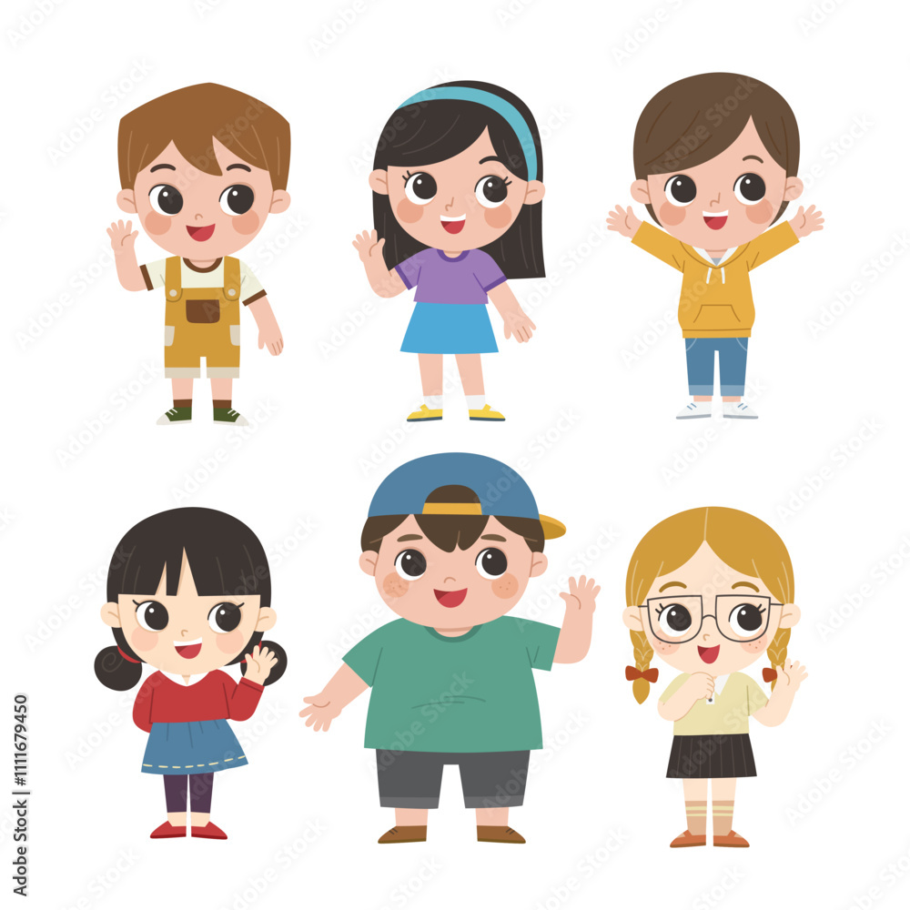 Happy children with different positive emotions. Children waving their hands in greeting. Happy children with different positive emotions. Children waving their hands in greeting.