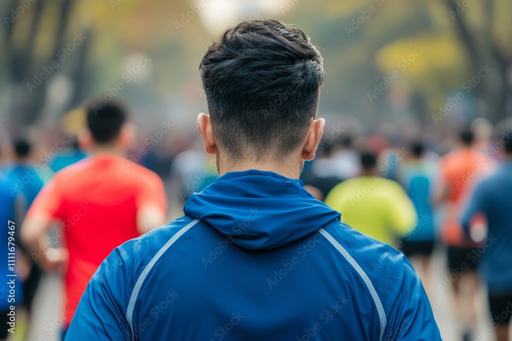 Fototapeta premium Runners crossing the marathon finish line for success. Person in sportswear preparing for a race among runners
