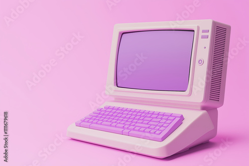 Vintage pink computer on pastel background for retro technology concept