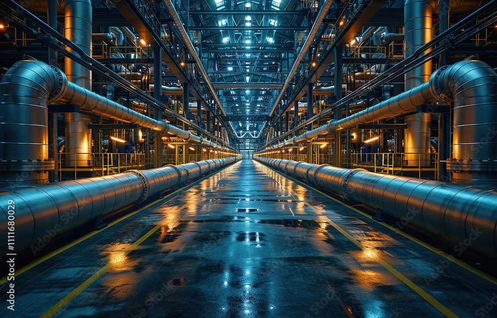 industrial facility with steel pipes, valves, and machinery. industrial boiler rooms and water treatment facilities or factory chimneys, shiny stainless metal pipes industrial facility with steel pipes, valves, and machinery. industrial boiler rooms and water treatment facilities or factory chimneys, shiny stainless metal pipes