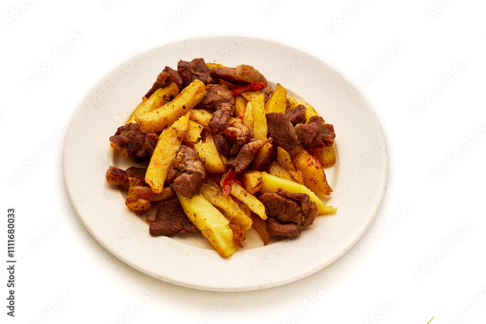 A plate of meat and potatoes with a white background A plate of meat and potatoes with a white background