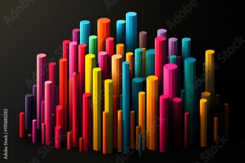 3D vector illustration of colorful abstract shapes, gradients colors on a black background.