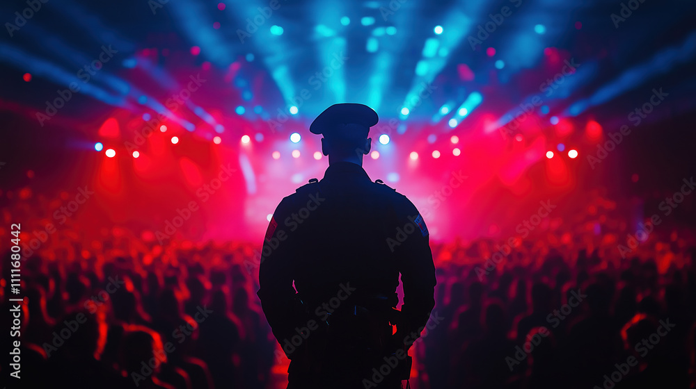 Silhouette of a Police Officer at a Vibrant Concert in Red and Blue Lights Silhouette of a Police Officer at a Vibrant Concert in Red and Blue Lights