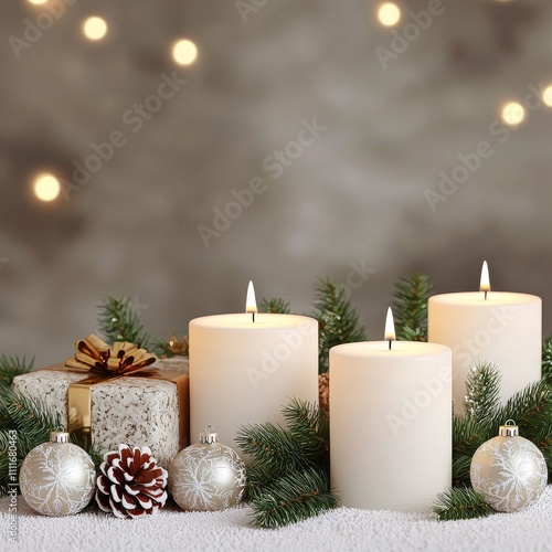 Traditional candles classic Christmas. Festive candles surrounded by decorations and holiday ambiance.