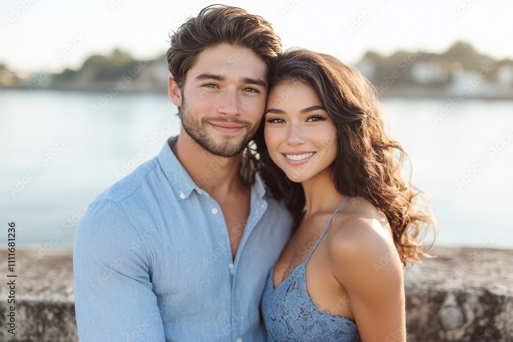 Obraz premium Loving embrace at the waterfront: A young couple stands together on concrete piers, smiling happily as they lean against each other. Behind them, the bright blue sky meets the calm waters.