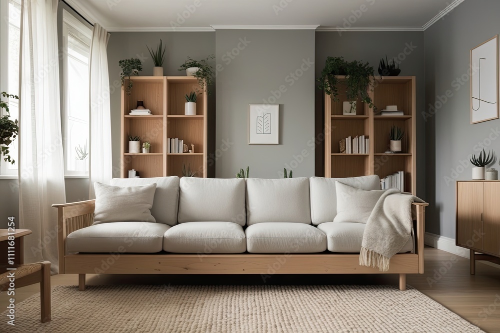 Peaceful Scandinavian Living Room with Light Wood Sofa, Wool Rug, and Pale Gray Walls Peaceful Scandinavian Living Room with Light Wood Sofa, Wool Rug, and Pale Gray Walls