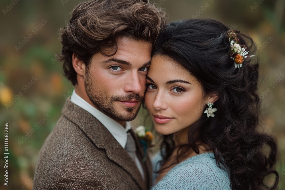 A photo of an couple in love. The man is wearing a brown suit and is kissing his girlfriend's forehead, with her hair covering half of her face. She has a dark, long, wavy, and curly hairstyle, and is A photo of an couple in love. The man is wearing a brown suit and is kissing his girlfriend's forehead, with her hair covering half of her face. She has a dark, long, wavy, and curly hairstyle, and is