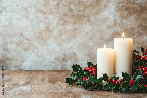 Holly timeless classic christmas background. Festive candles surrounded by holly on a rustic background. photo