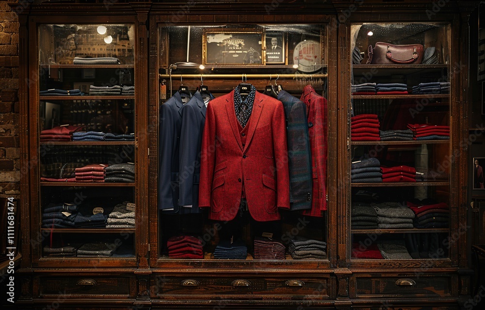 Elegant red suit with tie displayed on mannequin or hanger in fashion store, Elegant red suit with tie displayed on mannequin or hanger in fashion store,
