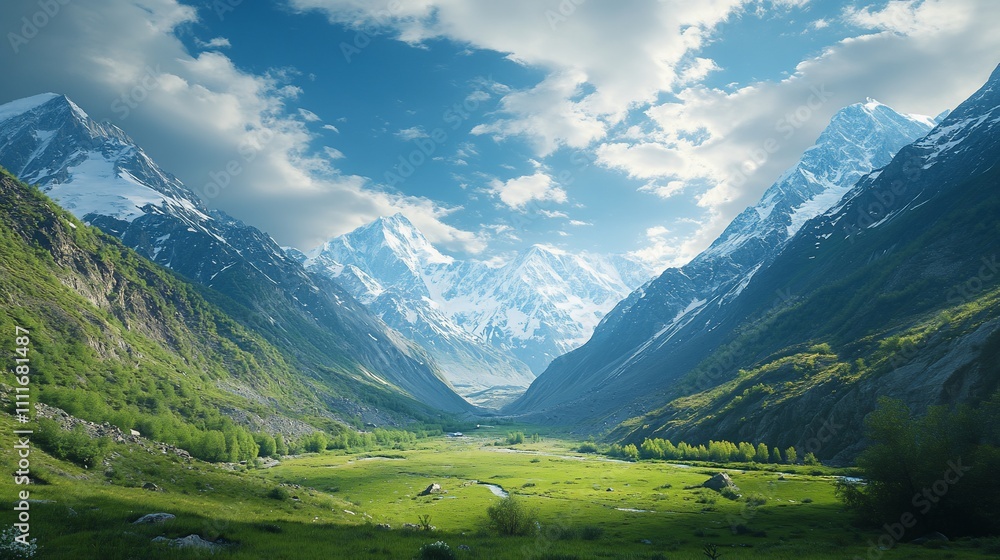 Majestic snow-capped mountains surrounding a lush green valley under a vibrant blue sky. Majestic snow-capped mountains surrounding a lush green valley under a vibrant blue sky.