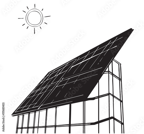 One line drawn black solar panel on building. Sketch