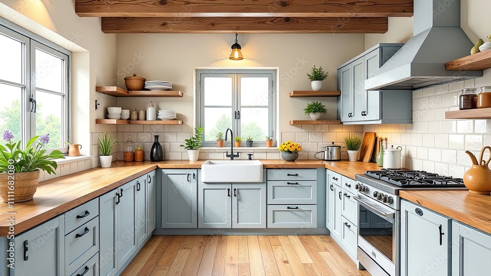 White interior of a cozy modern light rustic kitchen, potted plants, open storage shelves, utensils. Loft-style decor of a contemporary kitchen. White interior of a cozy modern light rustic kitchen, potted plants, open storage shelves, utensils. Loft-style decor of a contemporary kitchen.