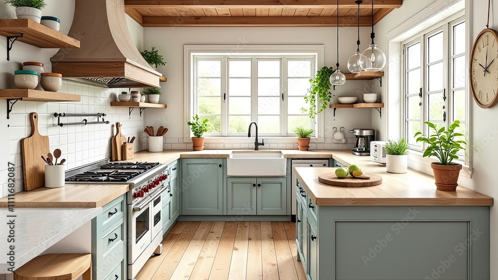 White interior of a cozy modern light rustic kitchen, potted plants, open storage shelves, utensils. Loft-style decor of a contemporary kitchen. White interior of a cozy modern light rustic kitchen, potted plants, open storage shelves, utensils. Loft-style decor of a contemporary kitchen.