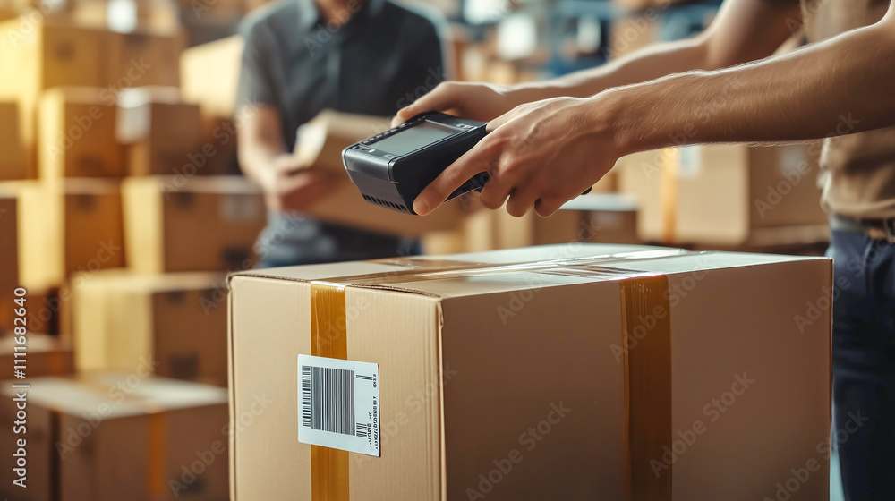 Warehouse worker scanning box with barcode scanner in storage area. Warehouse worker scanning box with barcode scanner in storage area.