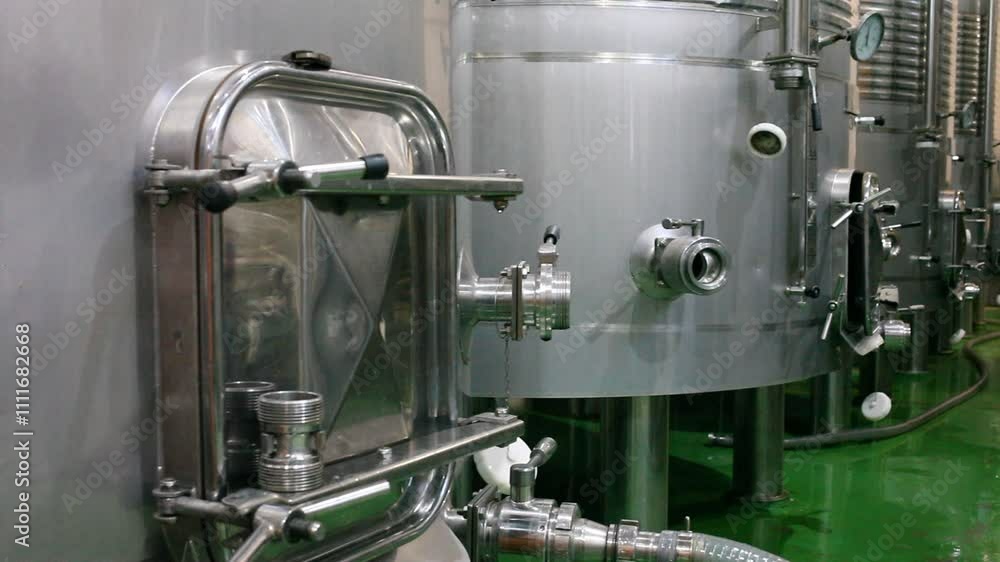 Interior of modern winery with stainless steel tanks for wine fermentation Interior of modern winery with stainless steel tanks for wine fermentation