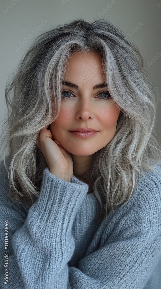 A touching close-up portrait of a middle-aged woman with gray hair in a light blue sweater, posing for the camera with a happy and thoughtful expression. Her hand gently touches her chin, set against A touching close-up portrait of a middle-aged woman with gray hair in a light blue sweater, posing for the camera with a happy and thoughtful expression. Her hand gently touches her chin, set against