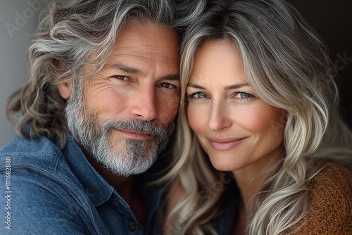 A touching scene of affection—an attractive middle-aged couple, their eyes closed as they share a moment of love, the man with long hair and a beard, the woman slightly older with blondish-gray hair, 