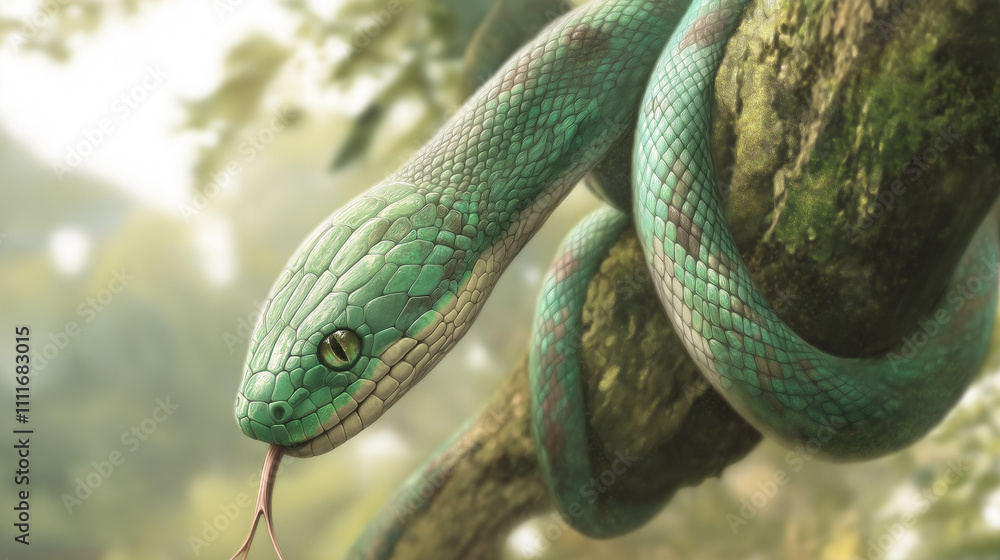 Fototapeta premium A kind green snake with a white belly in a cartoon style hangs on a tree branch