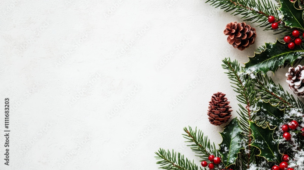 Holly timeless classic christmas background. Festive arrangement of pine branches, cones, and berries on a light background. Holly timeless classic christmas background. Festive arrangement of pine branches, cones, and berries on a light background.