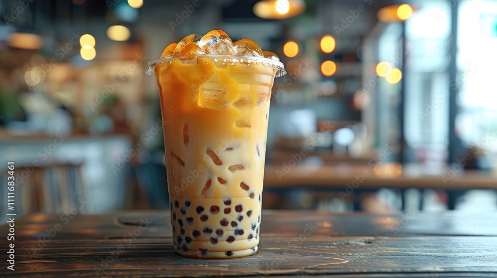 bubble tea cup with tapioca pearls stands on cafe table with blurred background. bubble tea cup with tapioca pearls stands on cafe table with blurred background.