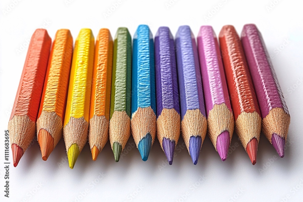 A picture where pencils are arranged in the shape of a rainbow on a white background, with an emphasis on bright colors and contrast.


