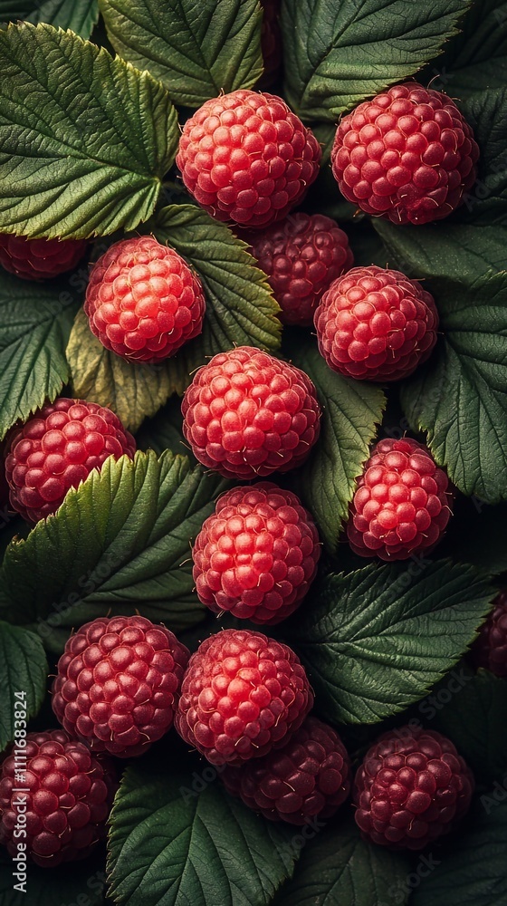 A pile of fresh raspberries with green leaves, a close-up shot from above, in high-definition photography. The scene is vibrant and colorful, showcasing the beauty of nature's harvest. This photograph A pile of fresh raspberries with green leaves, a close-up shot from above, in high-definition photography. The scene is vibrant and colorful, showcasing the beauty of nature's harvest. This photograph