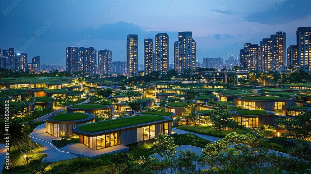 Naklejka premium Modern urban landscape with illuminated buildings at dusk.