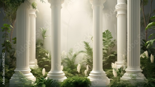 Garden Landscape Featuring Classical White Columns Surrounded by Lush Greenery and Soft Ethereal Light in a Tranquil Environment