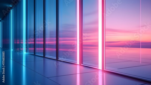 Close-up of sleek glass facade  illuminated in vibrant blue and purple lights  dusk sky reflecting on windows  sharp architectural lines